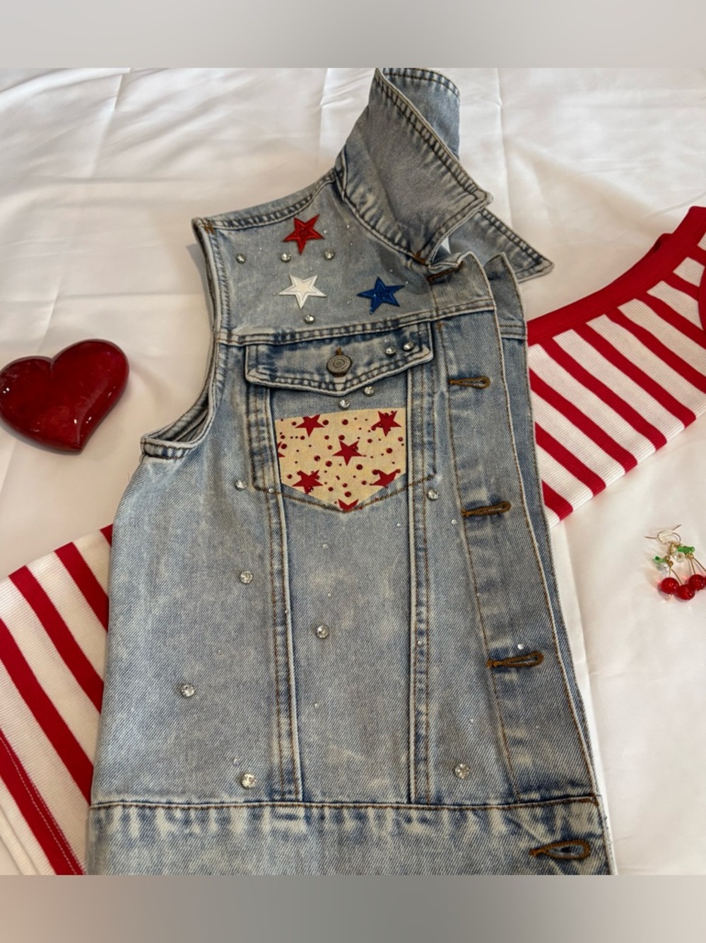 Custom New Woman M Patriotic Denim Vest Rhinestone~Stars~USA 🇺🇸 Western~Festival